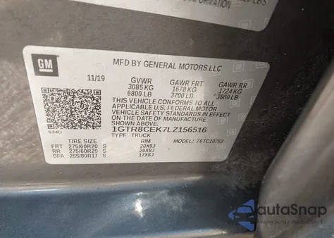 2020 GMC Sierra 1500 2Wd Double Cab Standard Box Elevation из США, поврежденный, VIN 1GTR8CEK7LZ156516